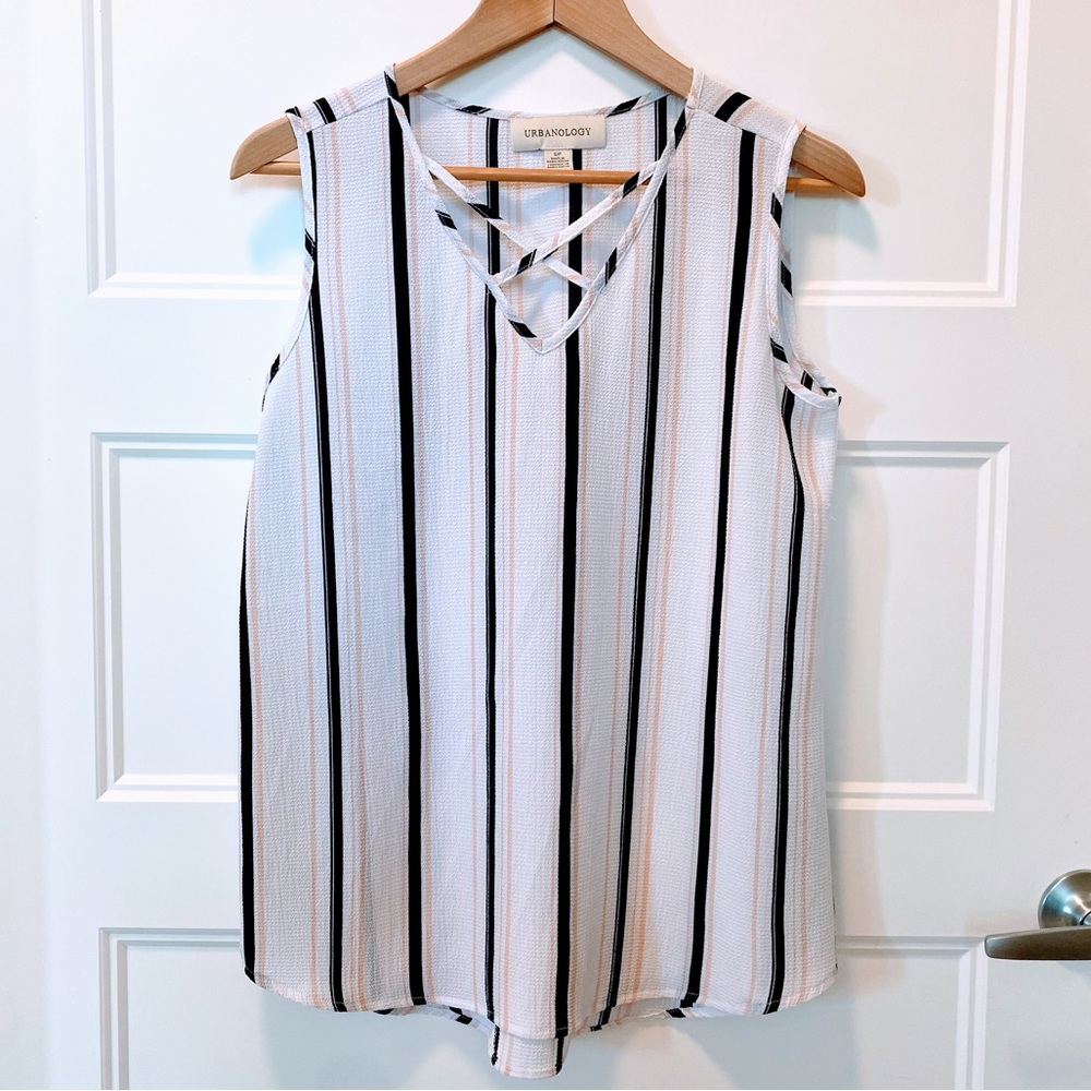 Urbanology NWOT S/M White Sleeveless Blouse w Black & Peach Vertical Stripes